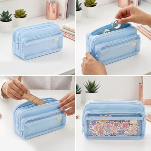 Image of ZIBUYU Large Pencil Case, 4 Compartments, Pen Pouch, Blue, School Office