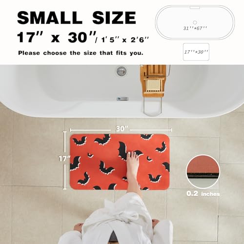 Halloween Bath Mat, Thin Halloween Bathroom Rug Non Slip Quick Dry Bat Bath Mat Fits Under Door Thin Floor Mat Halloween Decor, 17''x30'', Gothic Bats Orange