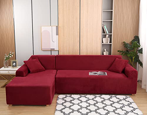 Sectional Sofa Slipcovers L Shape Couch Cover，2 Pcs Velvet Plush High Stretch Anti-Slip Sofa Slipcover For 3 + 3 Seaters Chaise，Furniture Protector Slip Cover For Living Room Kids Pets (Red) #TOP6