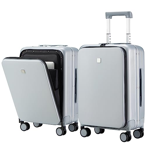 Hanke 20 Inch Carry On Luggage With Front Pocket Aluminum Frame （Can Not Open In The Middle） Hard Shell Suitcases With Wheels Rolling Luggage Suitcase With Lock Travel Luggage For Weekender- Grey #TOP21