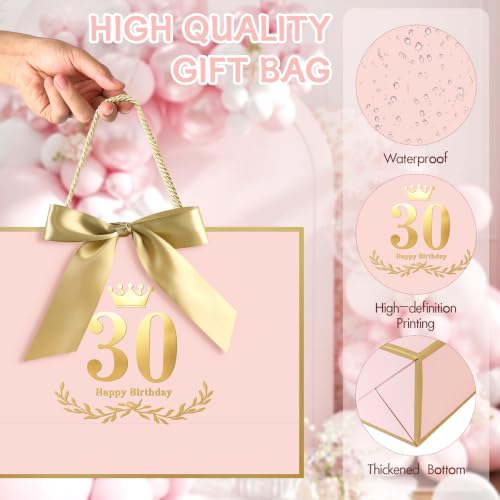 Image of JMANNI Pink Gold 30th Birthday Gift Bag with Card and Tissue Paper, 14.2 inchx9.84 inchx4.3 inch Large Present Bag for Adults, 30 Year Old Birthday Keepsake Party Supplies