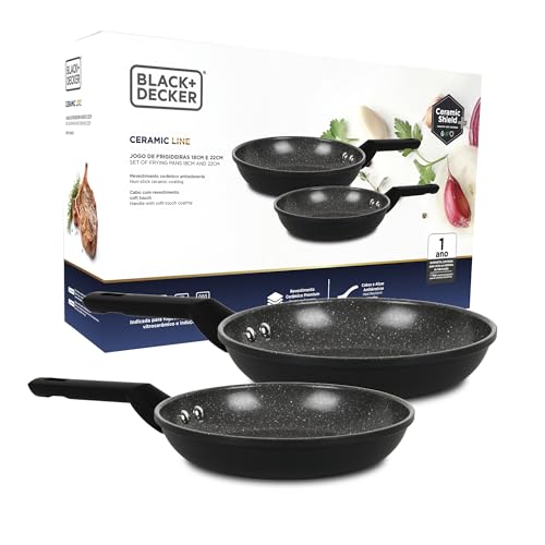 BLACK+DECKER JOGO DE FRIGIDEIRAS 2 PEÇAS 18CM E 22CM CERAMIC LINE - CORPO COM REVESTIMENTO CERÂMICO ANTIADERENTE NA COR PRETA E BASE COMPATÍVEL COM INDUÇÃO - BLACK