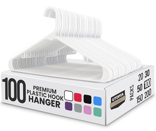 Utopia Home Plastic Hangers 100 Pack - Space Saving Clothes Hanger - Durable & Strong Closet Organizers and Storage with Built-in Strap Hooks - Essential for Shirts, Pants, Skirts & Coats (White)