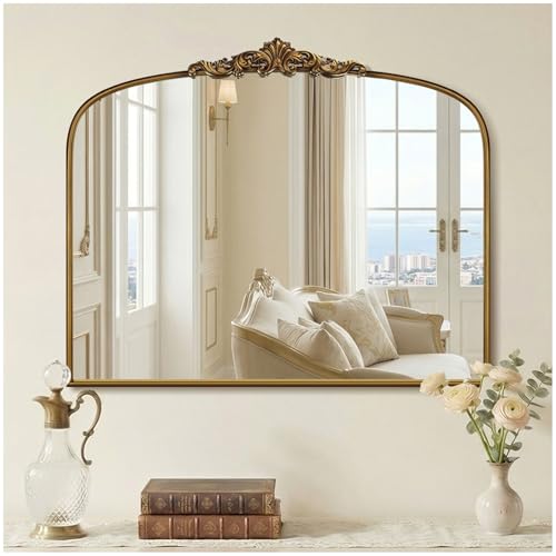 Wemily Vintage Gold Arched Wall Mirror 36'x30' – Ornate Baroque Style Antique Brass Frame, Decorative Large Mirror for Entryway, Living Room, Fireplace, Hallway, Bathroom