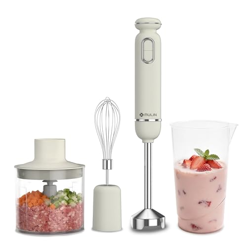 Batidora de mano MULIN 4 en 1, 600W con velocidad ajustable y protector contra salpicaduras, incluye batidor, vaso y picadora, ideal para sopas, salsas y batidos en la cocina