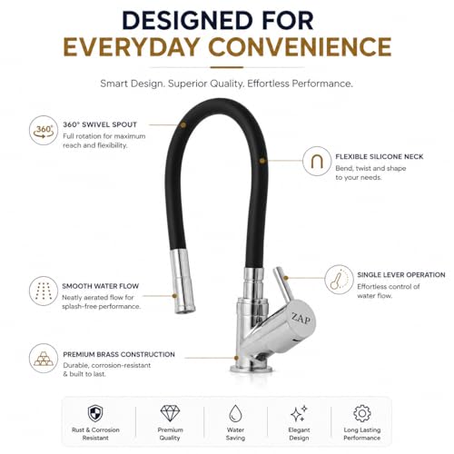 Image of ZAP Pluto Brass Kitchen Tap for Sink | Flexible Silicone Swan Neck Faucet with 360 Swivel Spout | Single Lever Cold Water Tap | Deck Mounted Kitchen Sink Mixer for Home & Utility Areas