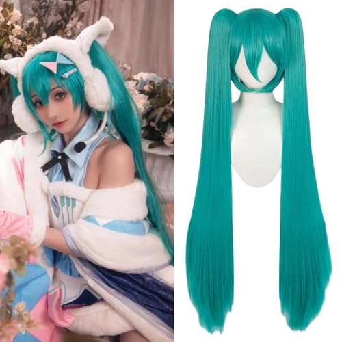 PORSMEER 48inch/120cm Green Wig Cosplay Green Teal with Double Ponytail Long Lolita Wig For Halloween Costume Party Cosplay Compatible with Hatsune Miku
