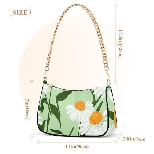 White Coneflower Daisies Green Hobo Evening Purse Women Clutch Handbag Pattern Ladies Shoulder Bag Floral Zipper Closure3