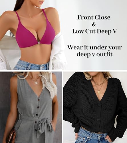 Image of DEANGELMON Front Closure Bras for Women Wireless Lightly Padded Bralett Seamless Low Cut V-Neck Lightweight T-Shirts Bra