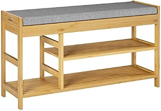HOCSOK Shoe Bench with Seat Cushion, Bamboo Shoe Rack, 3-Tier Shoe Storage Bench for Bedroom, Living Room, Hallway