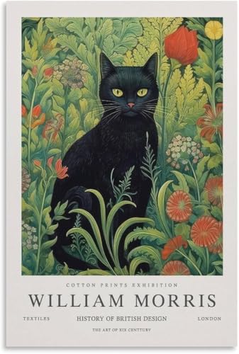 Cuadro de gato negro impresión William Morris lienzo decorativo floral vintage