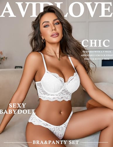 Image of Avidlove Lingerie for Women Lace Strappy Underwear V Neck Bra and Panty Sets 2 Piece Bralette Outfits
