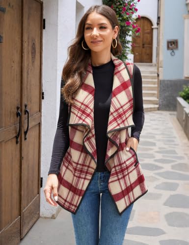 Image of YACUN Women Plaid Vest Lapel Open Front Sleeveless Cardigan
