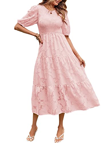 MEROKEETY Summer Dress for Women Elegant Smocked Short Puff Sleeve Floral Solid Midi Maxi Dresses,Pink,M