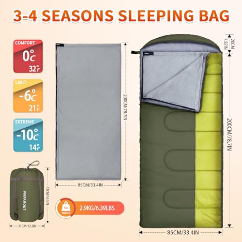 Bolsa de dormir impermeable para adultos WKFAMOUT, lavable a máquina, para clima frío, con saco compresor para camping de 3-4 estaciones miniatura 2
