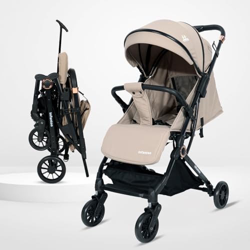 Image of Infantso RIDE-X Baby Stroller / Pram for Baby with 5 Point Safety Harness, Multi Level seat Recline & Spacious Cushioned seat, One-Hand Fold and 360 Rotating Wheels, Travel Friendly, Extendable Canopy, Adjustable Footrest, Shock Absorption Wheels, Lightweight Stroller for 0 to 3 Years (Beige)