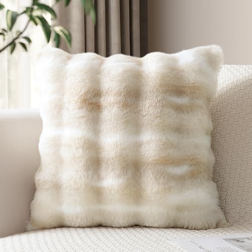 JOTOM Set of 1 Plush Cushion Cover 45x45 cm Soft Decorative Throw Pillow Cover Fluffy Faux Fur Pillowcase for Couch Sofa Bedroom Pillow 18x18 Inch (Beige White)