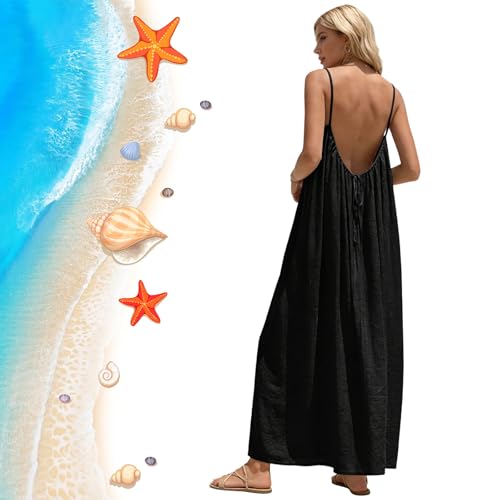 Women's Solid Color Backless Cami Dress, 2026 Women's Casual Backless Spaghetti Strap Maxi Dress (Black,XX-Large)