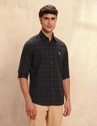 Image of U.S.Polo Association Men's Tailored Fit Windowpane Checked Shirt (USSHT3027 Dark Brown 48)
