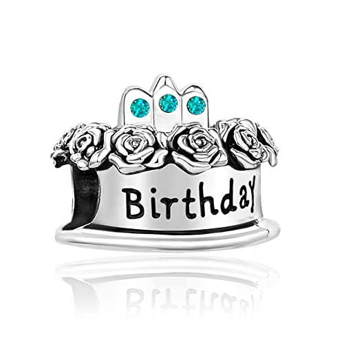 Image of Birthstones Happy Birthday Cake Charms Compatible with Pandora Charms Moments Bracelets Candle Crown Celebration Beads