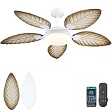 PHORUS 52' Palm Leaf Ceiling Fans with Lights, Outdoor Tropical Ceiling Fans with Remote for Patios Living Room, Dimmable, 6 Speeds, Reversible, Wood Grain