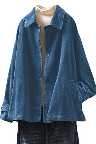 Minibee Women's Corduroy Jackets Long Sleeve Coats Button Down Outwear Tops with Pockets Denim Blue