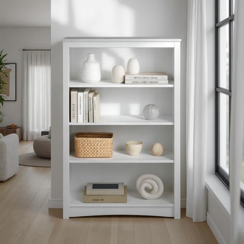 Image of Prepac Sonoma 4-Tier Bookcase 48 inchH with 3 Adjustable Shelves, White Storage Cabinet, Modern Display Cabinet, Bookshelf with Storage Shelves for Home Office, Living Room Organizer