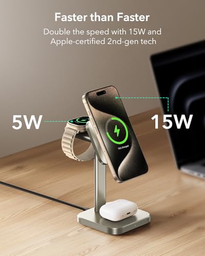 Image of ESR 3 in 1 Wireless Charging Station, [Certified] Apple Watch Charger & 15W MagSafe Charger Stand for iPhone, Wireless Charger for Multiple Devices iPhone 17-12&Watch&AirPods,Natural Titanium