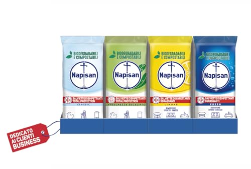Napisan Cassa Mista Salviette Disinfettanti Multisuperfici Biodegradabili x40, 32pz, Total Protection - Classic 8pz e Freschezza Eucalipto 8pz, Sgrassanti - Limone 8pz e Fresh 8pz