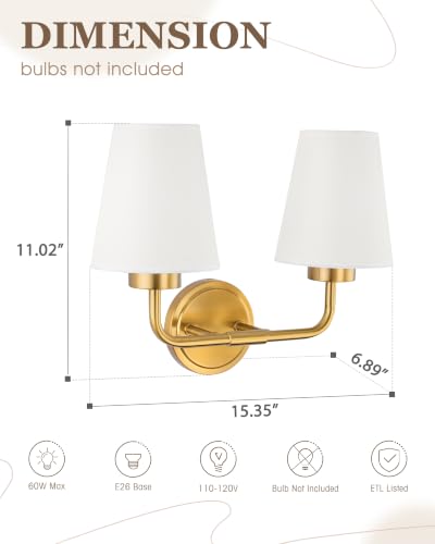 Image of Brushed Gold Bathroom Light Fixtures with White Fabric Shades | 2-light vanity light for bathroom hallway bedroom stairway, modern double wall sconces, AD-25052-2W-GD