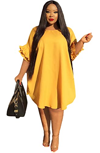 Image of Ekaliy Women's Casual Vintage Ruffle Sleeve Loose Party Midi Plus Size Dress Casual Summer