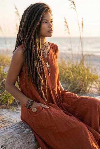 Image of Thaluta Women's Boho Cotton Sleeveless Dress Casual Loose Fit Maxi Dress with Big Pockets Fair Trade Light Summer Sundress