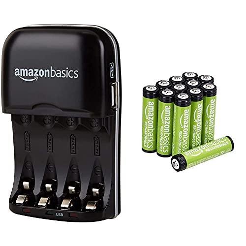 Amazon Basics - Cargador de Pilas de Ni-MH AA y AAA con Puerto USB + Pilas AAA Recargables, precargadas, Paquete de 12 (el Aspecto Puede Variar)