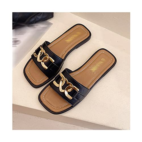 MTFBQ Womens Square Toe Sandals, Leather Sandals for Women, with Metal Buckle Square Sandals for Women Flats, Slippers for Woman Black EUR39