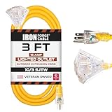 Iron Forge Cable 10 Gauge 3ft Lighted Outdoor Heavy Duty Extension Cord with 3 Outlets - 15 Amp 10/3 SJTW Yellow Extension Cord with Multiple Outlets