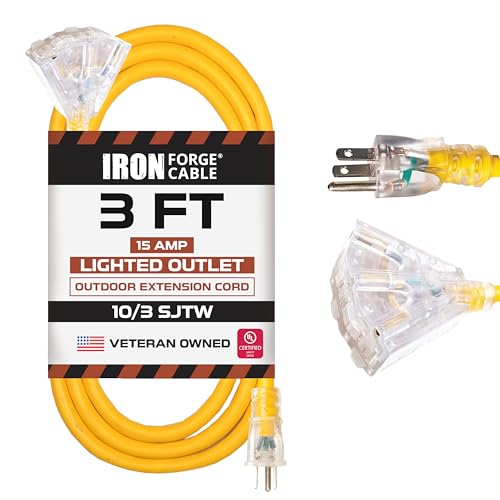 Iron Forge Cable 10 Gauge 3ft Lighted Outdoor Heavy Duty Extension Cord with 3 Outlets - 15 Amp 10/3 SJTW Yellow Extension Cord with Multiple Outlets