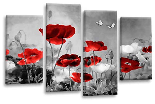 LR Floral Wall Art Grey Red Chinese Poppy Flower Canvas Split Picture Love Landscape Print