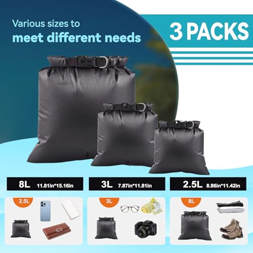 3PCS Waterproof Dry Bags, Lightweight Dry Bags For Kayaking Waterproof, Outdoor Stuff Sack For Hiking Rafting Boating Camping 2.5L, 3L, 8L miniatura 2