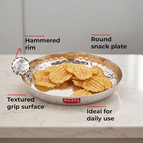 Image of HAZEL Stainless Steel Snack Plate 18 cm | Thali with Hammered Sides | Daily Use Breakfast Plate Food Serving Plate for Restaurant Thali