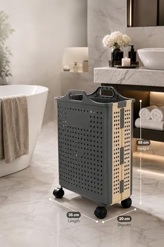 Image of Dillard's Foldable Laundry Hamper with Wheels, Plastic, Grey, Large, 30L, Modern Style, Rectangular