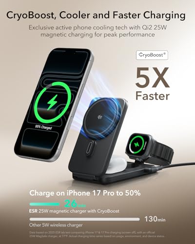 Image of ESR 3 in 1 Charging Station for Apple, Qi2.2 25W MagSafe Charger with CryoBoost, Phone-Cooling Wireless Charging Station Foldable, for iPhone 17 /16 with iOS 26(50W Adapter), AirPods, Apple Watch,Black