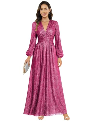 Image of Women's Formal Wedding Guest V Neck Glitter Sequins Mother of The Bride Dresses Long Sleeve