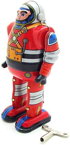PYXEL MS650 Retro Tin Toy Red Mechanical Astronaut Sparky Robby Robot Clockwork Wind Up Walking Robot Funny Vintage Mechanical Toys Collectible Gifts for Christmas Birthday Thanksgiving
