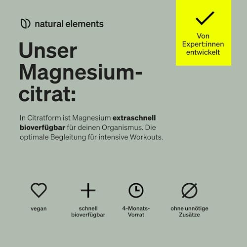 natural elements Magnesiumcitrat – 360mg elementares Magnesium pro Tagesdosis – 365 vegane Kapseln – 4-Monats-Vorrat – hochdosiert, ohne Zusätze – in Deutschland entwickelt & laborgeprüft
