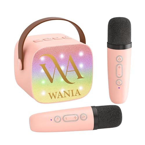 WANIA Mini Karaoke Machine for Kids and Adults - Portable Bluetooth Speaker with 2 Wireless Microphones, Rechargeable Music Player with LED Lights, Voice Effects, Gift for Ages 3, 4, 5-12+