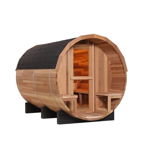 6 Person Outdoor Barrel Sauna with Front Porch, Patchwork Red Cedar Traditional Steam Barrel Sauna Kit with Outdoor Waterproof Tile and More