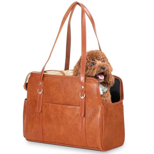 Lasaviin Hundetragetasche, modische Leder-Haustier-Tragetasche mit Taschen, von Fluggesellschaften zugelassen, weiche Seiten, für Welpen, Katzen, Hunde, Braun