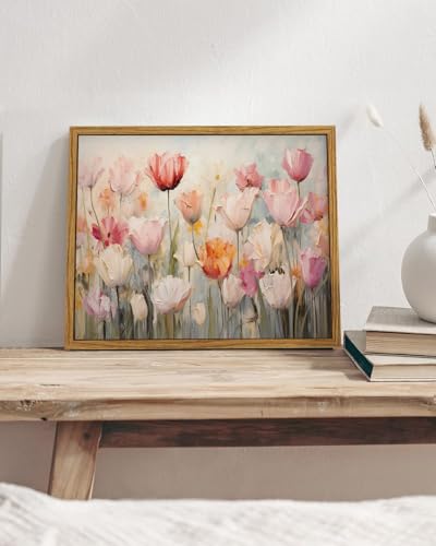 Image of KISSFOX Framed Wall Art Vintage Wall Decor Tulips Canvas Art Floral Pictures Colorful Paintings Flower Artwork Aesthetic Prints For Bedroom Kitchen
