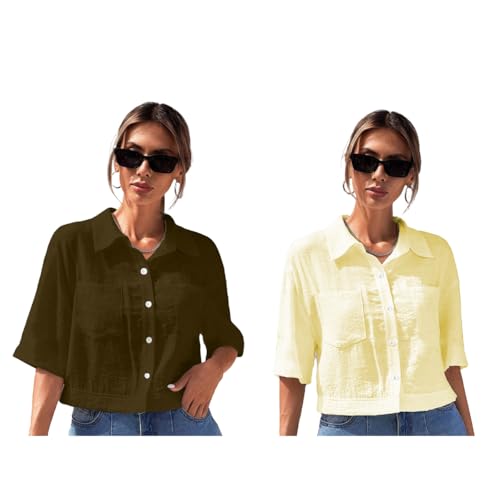 Image of TOPLOT V-Collar Solid Crop Shirt for Women with Half Sleeves, Polyester, Regular Fit