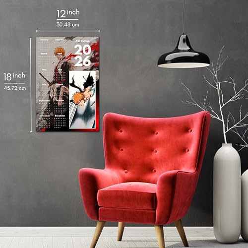 Image of 2026 Anime Calendar - Ichigo Kurosaki (red) from Bleach | 12 inch x 18 inch size | Wall Decoration Aesthetic Calendars